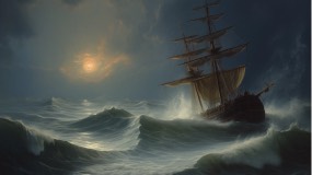 A ship in a stormy seascape in the style of Ivan Aivazovsky
