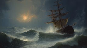A ship in a stormy seascape in the style of Ivan Aivazovsky.